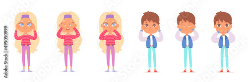Funny children close mouth, eyes and ears set like, do not see, speak and hear concept