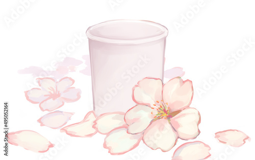 春の桜びらに紙コップ