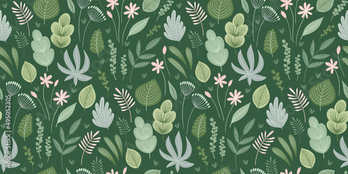 Abstract gentle seamless pattern with leaves, flowers and grass. Modern exotic design