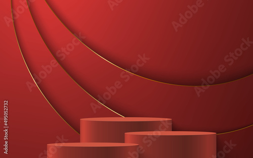 3d realistic podium or pedestal on red luxury background.