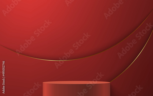 3d realistic podium or pedestal on red luxury background.