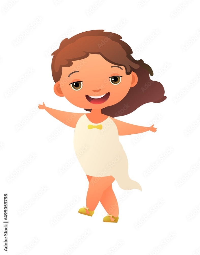 Little girl preschooler. Person in summer clothes. In light sundress. Cheerful funny kid. Baby joy. Cartoon style illustration. Cute child. Flat design. Isolated on white background. Vector Little girl preschooler. Person in summer clothes. In light sundress. Cheerful funny kid. Baby joy. Cartoon style illustration. Cute child. Flat design. Isolated on white background. Vector