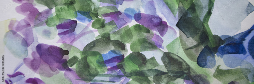 Abstract purple bloom. Blooming wisteria bush painting. Spring flowers background. Watercolor texture wallpaper. Naturalness concept. Brush strokes surface.