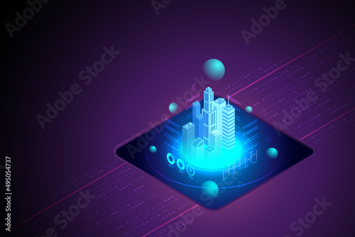 Hologram city on purple background .