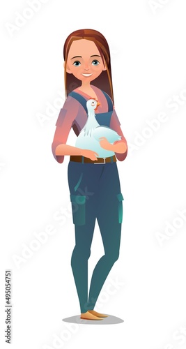 Little girl villager farmer in overalls. Teen is an agricultural worker. Cheerful person Standing pose. Cartoon comic style design. Single character. Illustration isolated on white background. Vector