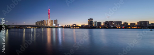 Panorama landscape: View of buildings located on the Saigon River. Time: March 25, 2022. Location: Ho Chi Minh City. 