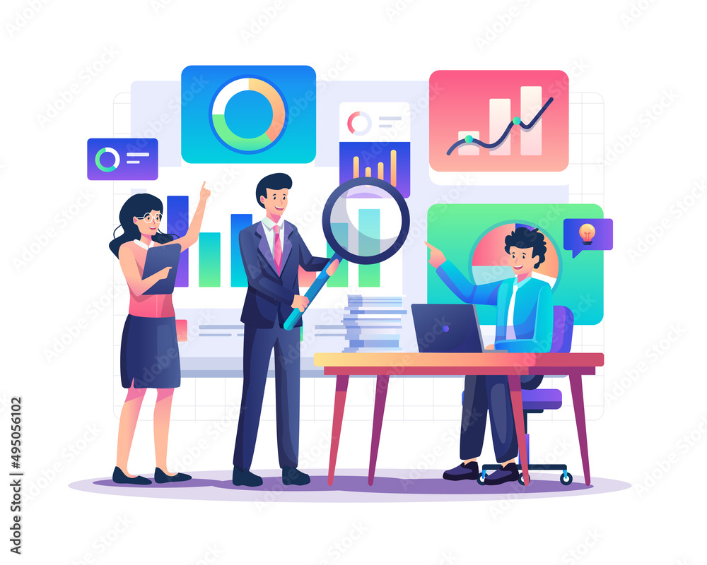 Business data analysis concept and monitoring financial investment report with businesspeople team working on graph screen dashboard. Flat style vector illustration Business data analysis concept and monitoring financial investment report with businesspeople team working on graph screen dashboard. Flat style vector illustration