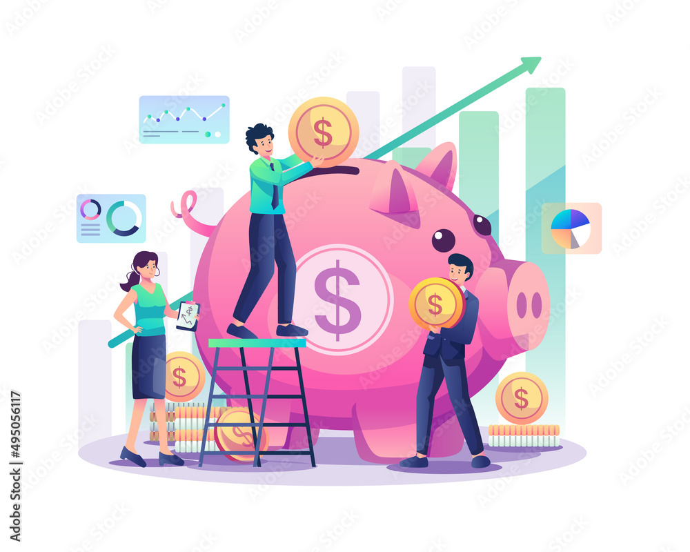 People put coin money into a piggy bank with a graphic chart increase. Money-Saving and Investment concept. Flat style vector illustration People put coin money into a piggy bank with a graphic chart increase. Money-Saving and Investment concept. Flat style vector illustration