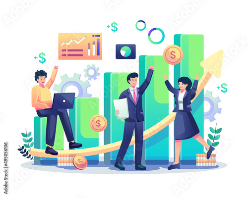 Business Financial Growth up concept with happy people success increases their profits. Investment business improvement. Flat style vector illustration