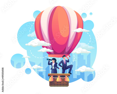 Business people flying in hot air balloons looking for new candidate employees. Hiring and recruitment concept. Flat style vector illustration