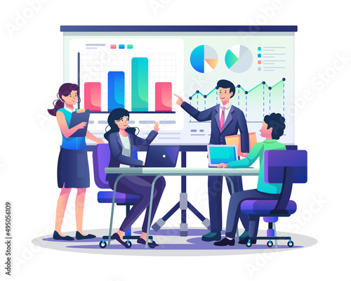 Business people have board meetings and presentations. analysis, marketing, and strategy concept. Flat style vector illustration
