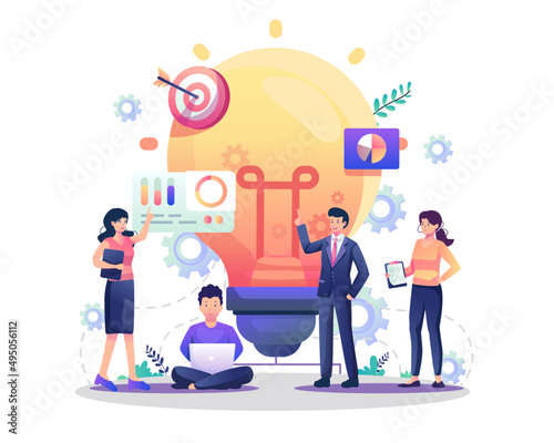 people characters work near a big light bulb to develop creative ideas and solutions for a business. Flat style vector illustration