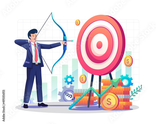Businessman aiming target with bow and arrow archery to the target board. Business target and achievement concept. Flat style vector illustration