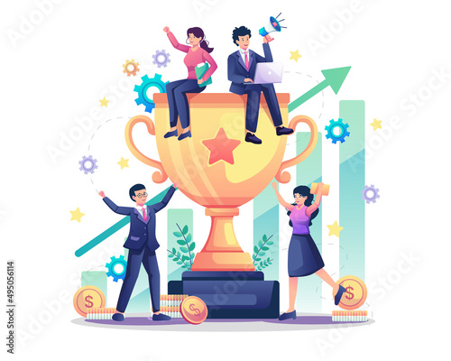 Happy Business People celebrating success with a big golden trophy. Business Team Success concept. Getting a reward or prize for goal and achievement. Flat style vector illustration