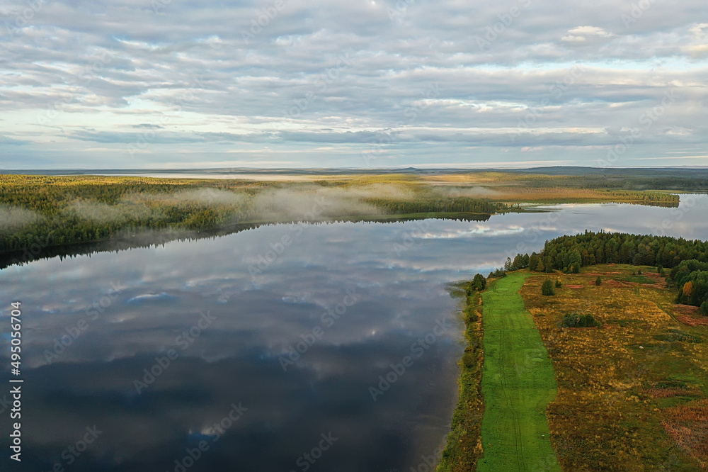 river autumn view from drone forest, landscape panorama aerial view