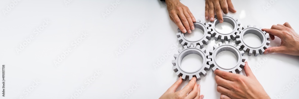 Innovative Businesspeople Team Hands Joining Gears Innovative Businesspeople Team Hands Joining Gears
