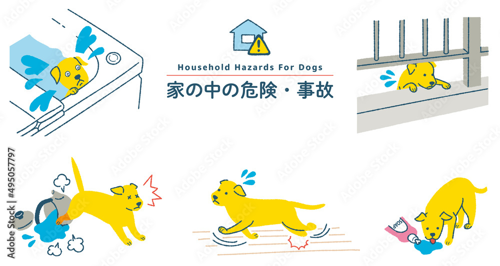 Naklejka premium 犬のイラストセット 家の中の危険・事故