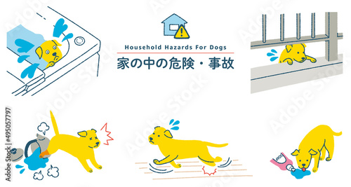 犬のイラストセット　家の中の危険・事故