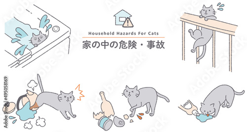 猫のイラストセット　家の中の危険・事故