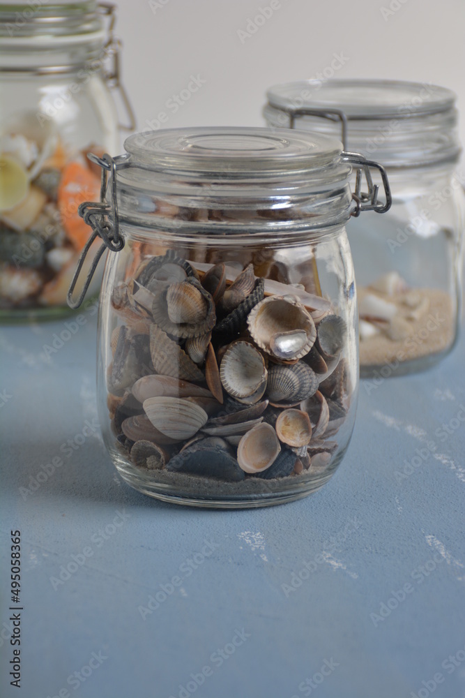 Fernweh, Muscheln in einem Glas, Urlaub im Glas, Dekoration, Erinnerungen an den letzten Sommer Fernweh, Muscheln in einem Glas, Urlaub im Glas, Dekoration, Erinnerungen an den letzten Sommer