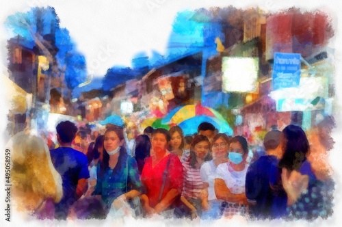 Landscape of the Night Market at Chiang Khan District Loei Province, Thailand watercolor style illustration impressionist painting. © Kittipong