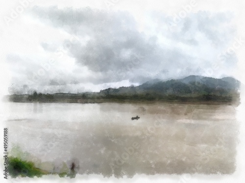 Mekong River landscape in Thailand watercolor style illustration impressionist painting.