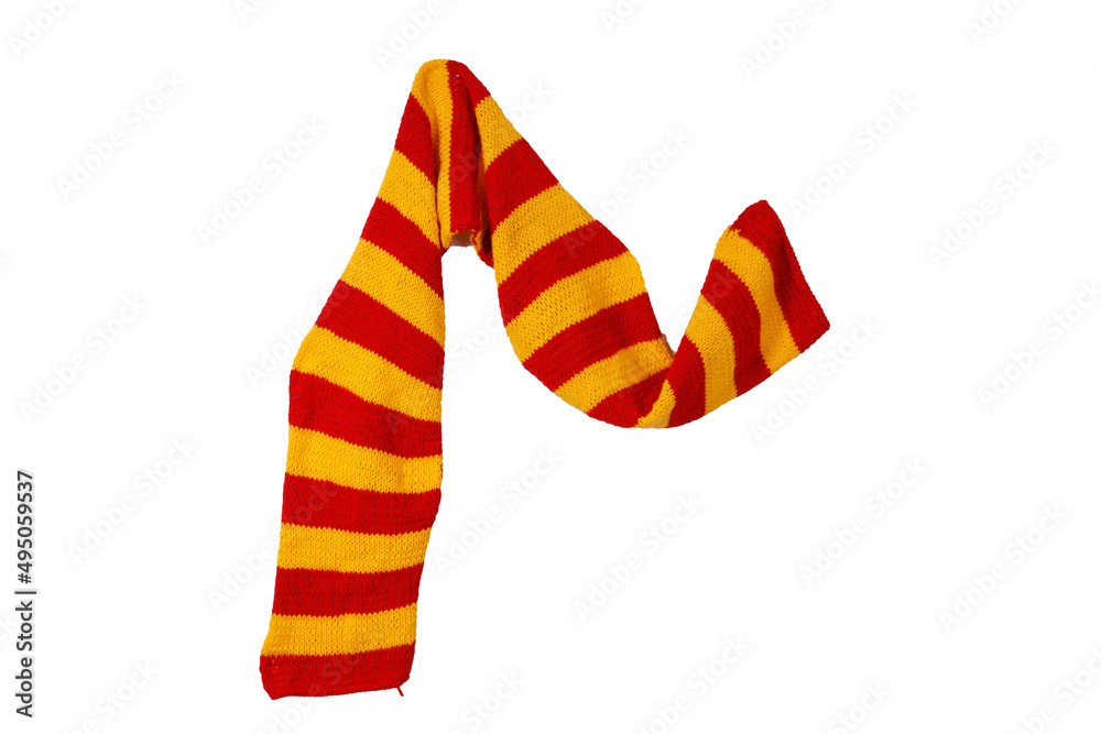 hanging red-yellow striped wool scarf isolated on white background hanging red-yellow striped wool scarf isolated on white background