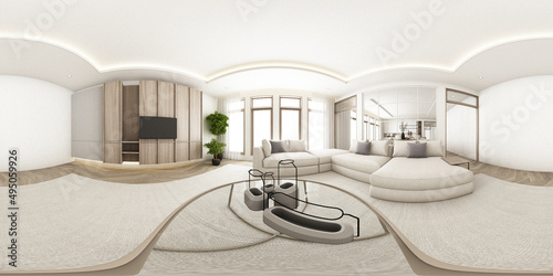 Fototapeta Naklejka Na Ścianę i Meble -  Interior design in minimalist style in the living room area. using wood material and light gray cloth on parquet floor and sub frame wood walkways in an apartment with large windows 3d render 360 view