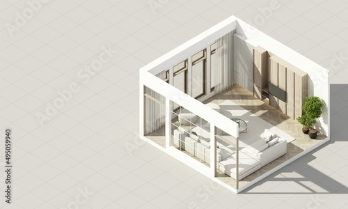 Interior in vintage minimalist style in the living room. using wood material and light gray cloth on parquet floor and frame walkways in an apartment with large windows 3d render isometric