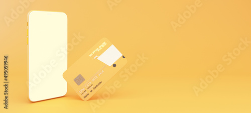 Close up of shopping online design on credit card, levitating template mockup Bank credit card with online service isolated on yellow background on smartphone screen display copy space 3d rendering