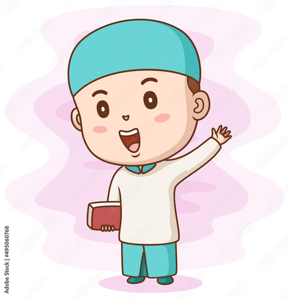 Happy muslim boy holding Quran book. Vector illustration Happy muslim boy holding Quran book. Vector illustration