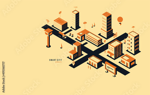 Smart city connecting to the internet concept, intelligent building automation system with networking technology. Urban IoT Management and controll system vector illustration