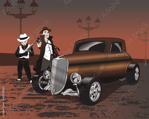Two mafia standing with vintage car. wear hat and hold gun. vector illustration isolated cartoon hand drawn background