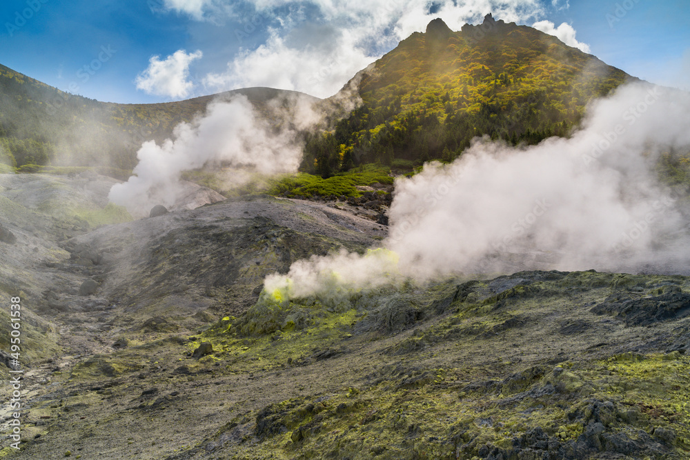 Volcanic activity, sulfur fumarole and hot gas on Kunashir Island, Kuril islands.
