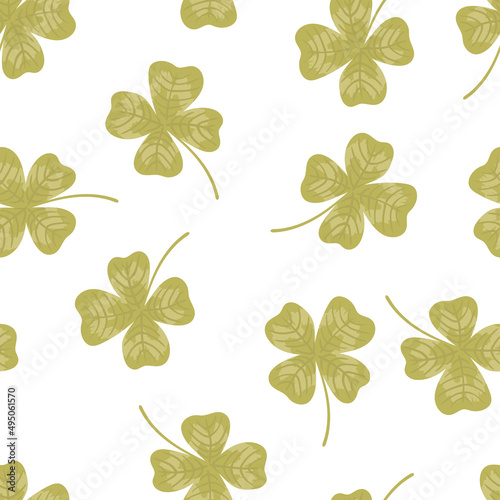 Four leaf clover vector seamless pattern. Lucky clover leaf four petals cartoon texture. Green shamrock for St. Patrick's Day, Irish Holiday beer festival background for fabric, wallpaper, wrap paper