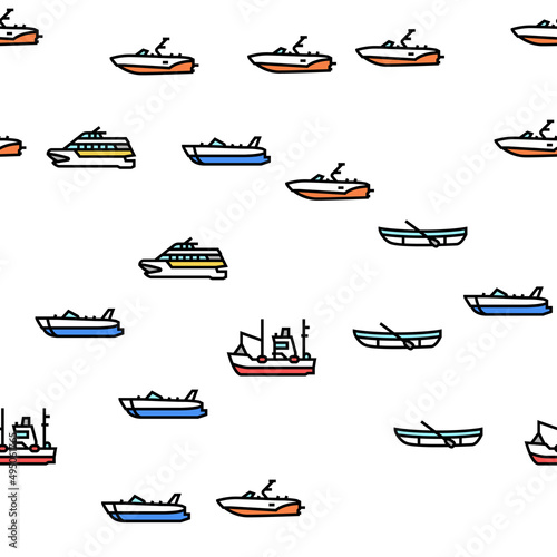 Boat Water Transportation Types Vector Seamless Pattern Thin Line Illustration