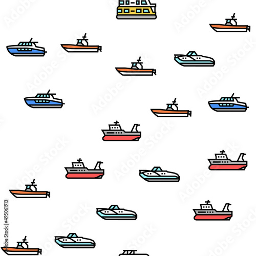 Boat Water Transportation Types Vector Seamless Pattern Thin Line Illustration