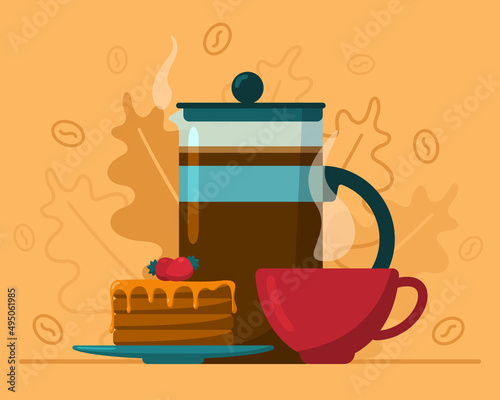 Illustration poster of a coffee drink in a coffee pot with a cup and fritters with honey and strawberries. Isolated objects on a colored background.