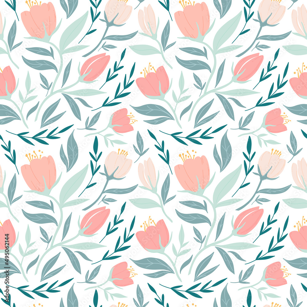 Flowers Seamless vector pattern with garden tulip, plants, botanical. Cute pattern with pink flower.