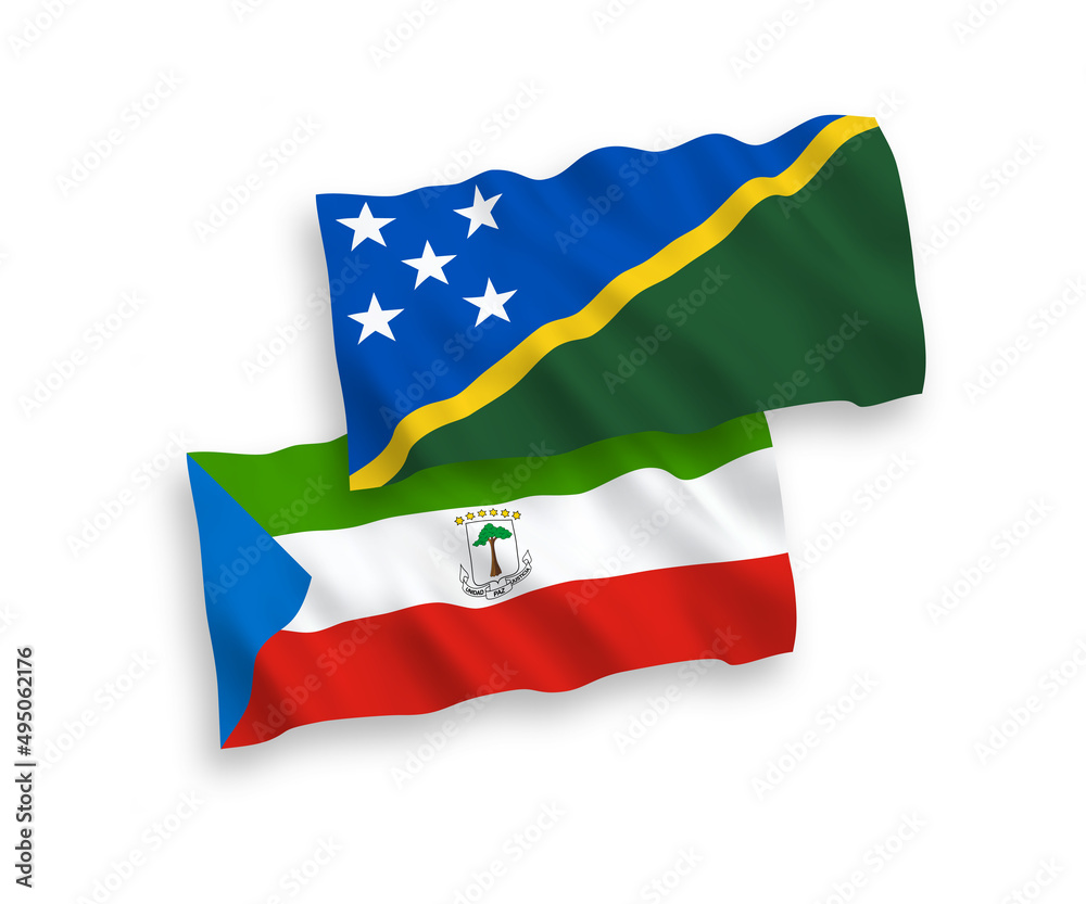 National vector fabric wave flags of Solomon Islands and Republic of Equatorial Guinea isolated on white background. 1 to 2 proportion.