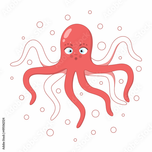 vector children's illustration of a cute octopus on a background of bubbles.