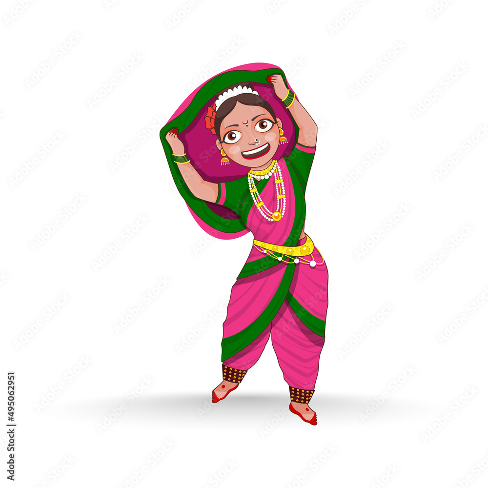 Young Woman Performing Lavani Classical Dance Of Maharashtra In Traditional Dress. Stock Vector