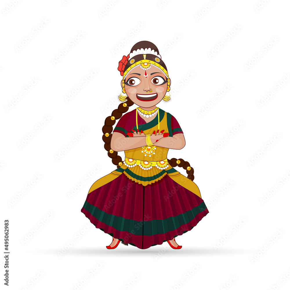 Cheerful Young Woman Performing Kuchipudi Dance In Traditional Attire.