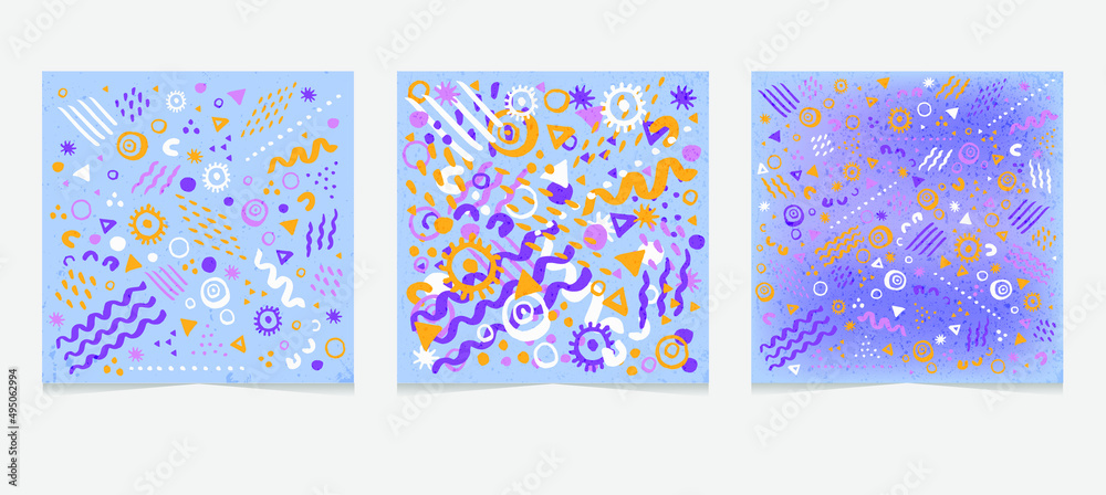 Very peri Velvet violet Art Print Set. Modern abstract doodle composition in lines and arts background with different shapes for wall decoration, postcard or brochure cover design. Vector illustration