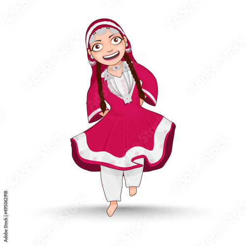 Cheerful Young Girl Wearing Kashmiri Dress On White Background.