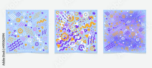 Very peri Velvet violet Art Print Set. Modern abstract doodle composition in lines and arts background with different shapes for wall decoration, postcard or brochure cover design. Vector illustration