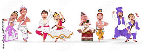 Young Couples Performing In The Form Of Classical Sattriya, Kathak, Manipuri, Bhangra Dances From Different States On White Background.