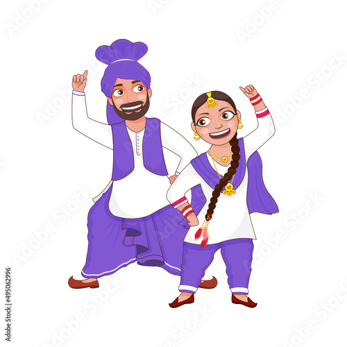 Cheerful Punjabi Couple Performing Bhangra Dance In Traditional Attire.