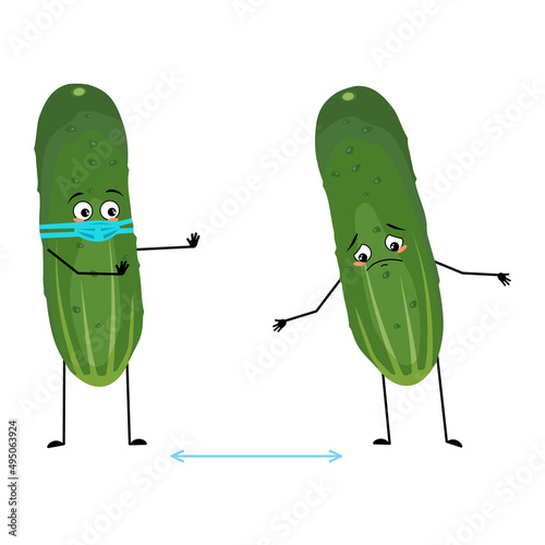 Cucumber character with sad emotions, face and mask keep distance, arms and legs. Person with care expression, green vegetable emoticon. Vector flat illustration