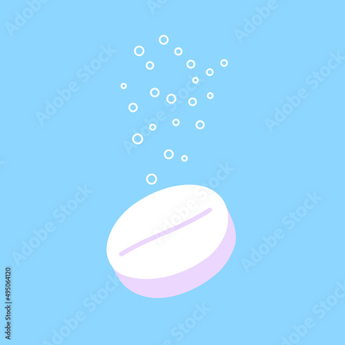 Medicine. A soluble tablet in water. Gas bubbles. Vector illustration of a medicinal product.